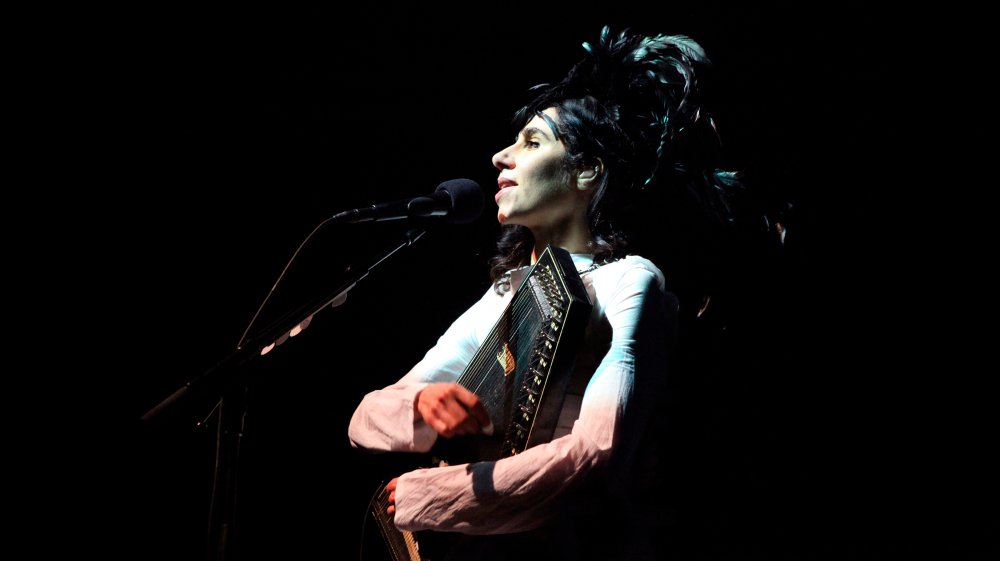 a lady performing with an autoharp on stage 